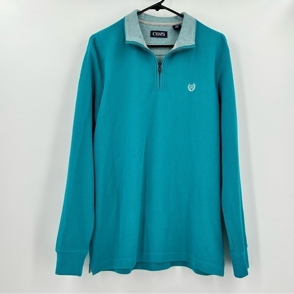 CHAPS Men’s Teal Sky/Gray Quarter Zip Long Sleeve Pullover Size Medium Like New - Picture 1 of 15